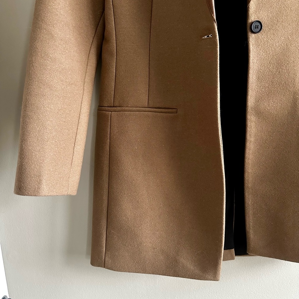 All Saints Irish Lorie wool coat, camel with leather collar/trim - Picture 9 of 16
